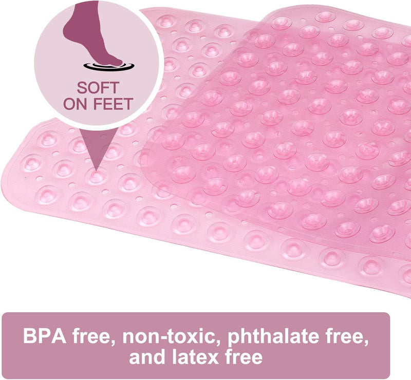 Bath Tub Shower Mat 40 x 16 Inch Non-Slip and Extra Large, Bathtub Mat with Suction Cups, Machine Washable Bathroom Mats with Drain Holes, Light Pink