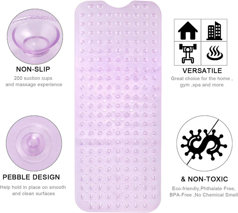 Bath Tub Shower Mat 40 x 16 Inch Non-Slip and Extra Large, Bathtub Mat with Suction Cups, Machine Washable Bathroom Mats with Drain Holes, Purple