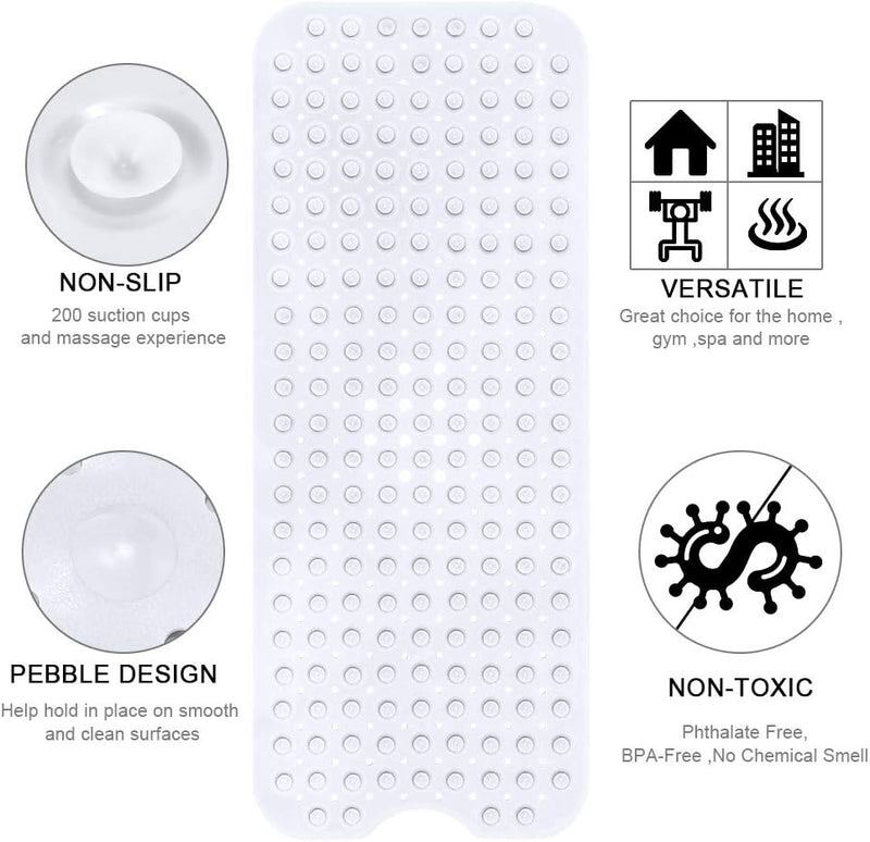 Bath Tub Shower Mat 40 x 16 Inch Non-Slip and Extra Large, Bathtub Mat with Suction Cups, Machine Washable Bathroom Mats with Drain Holes, White