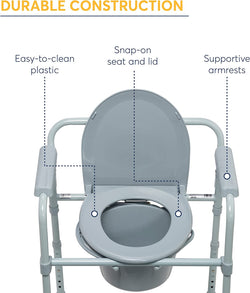 Folding Steel Bedside Commode Chair, Portable Toilet, Supports Bariatric Individuals Weighing Up To 350 Lbs, with 7.5 Qt. Bucket and 13.5 Inch Seat