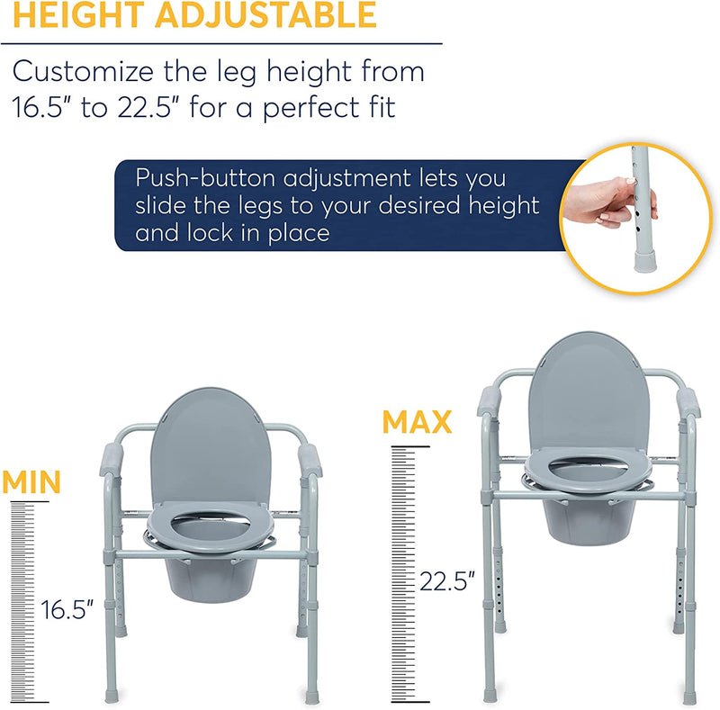 Folding Steel Bedside Commode Chair, Portable Toilet, Supports Bariatric Individuals Weighing Up To 350 Lbs, with 7.5 Qt. Bucket and 13.5 Inch Seat