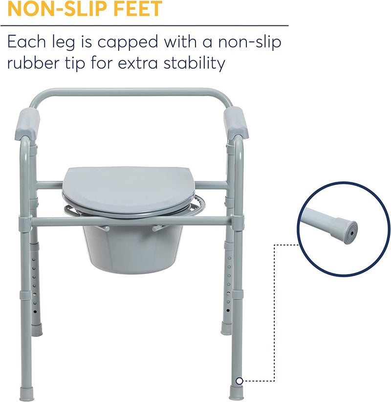 Folding Steel Bedside Commode Chair, Portable Toilet, Supports Bariatric Individuals Weighing Up To 350 Lbs, with 7.5 Qt. Bucket and 13.5 Inch Seat