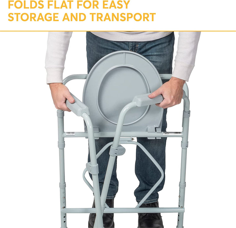 Folding Steel Bedside Commode Chair, Portable Toilet, Supports Bariatric Individuals Weighing Up To 350 Lbs, with 7.5 Qt. Bucket and 13.5 Inch Seat