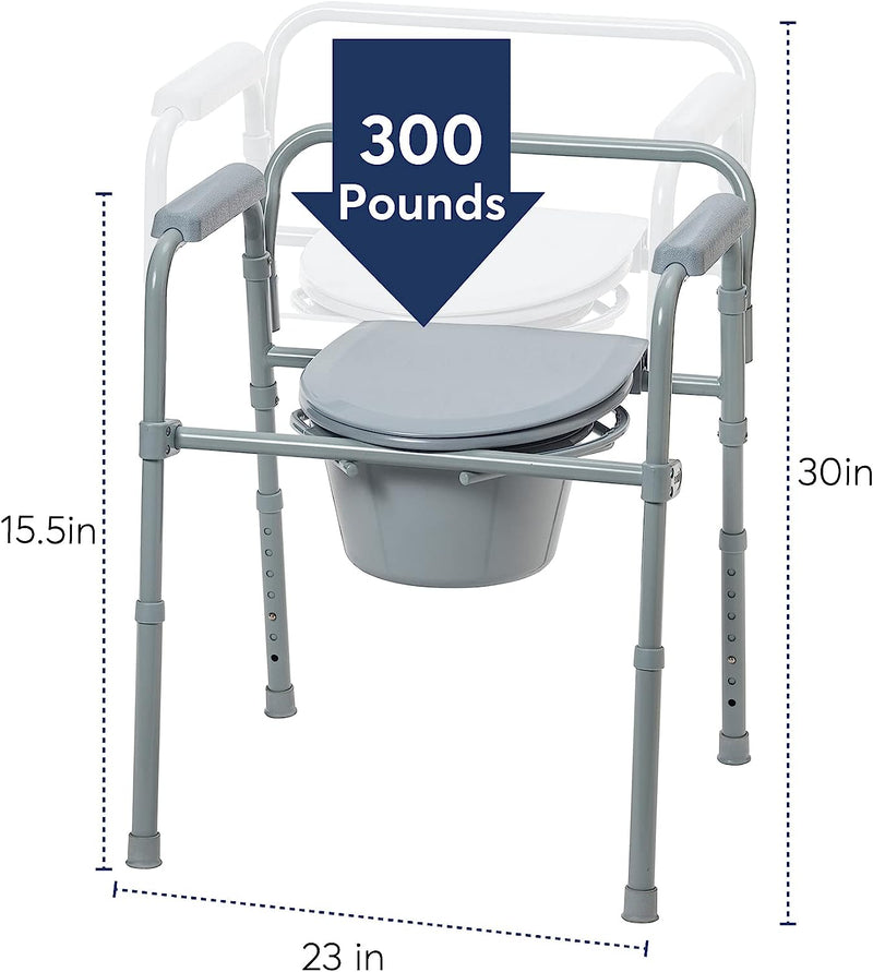 Folding Steel Bedside Commode Chair, Portable Toilet, Supports Bariatric Individuals Weighing Up To 350 Lbs, with 7.5 Qt. Bucket and 13.5 Inch Seat