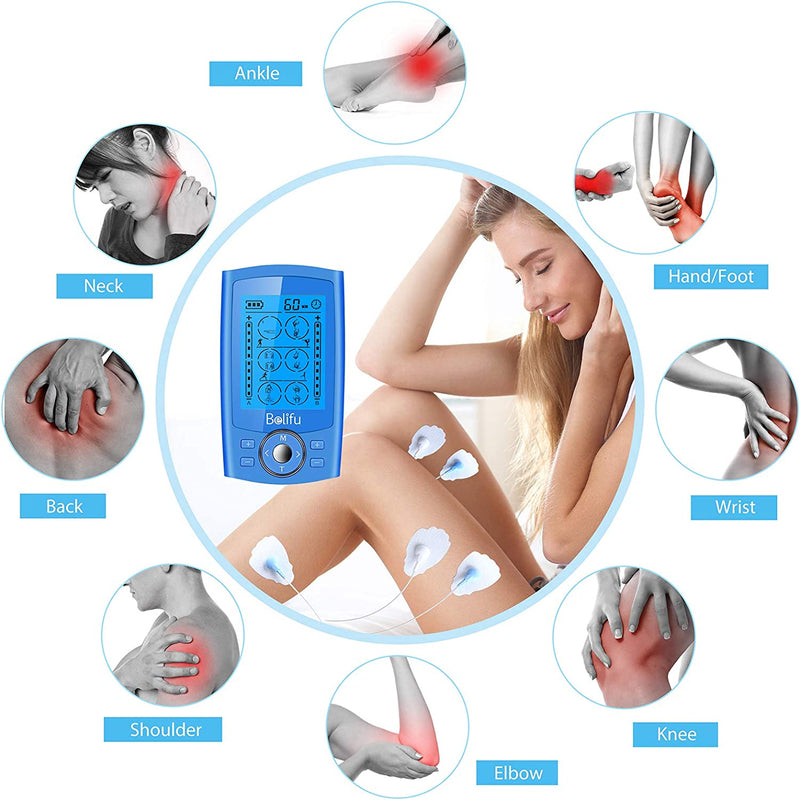 Dual Channel TENS EMS Unit 24 Modes Muscle Stimulator for Pain Relief Therapy, Electronic Pulse Massager Muscle Massager with 10 Pads, Dust-Proof Drawstring Storage Bag,Fastening Cable Ties,Blue