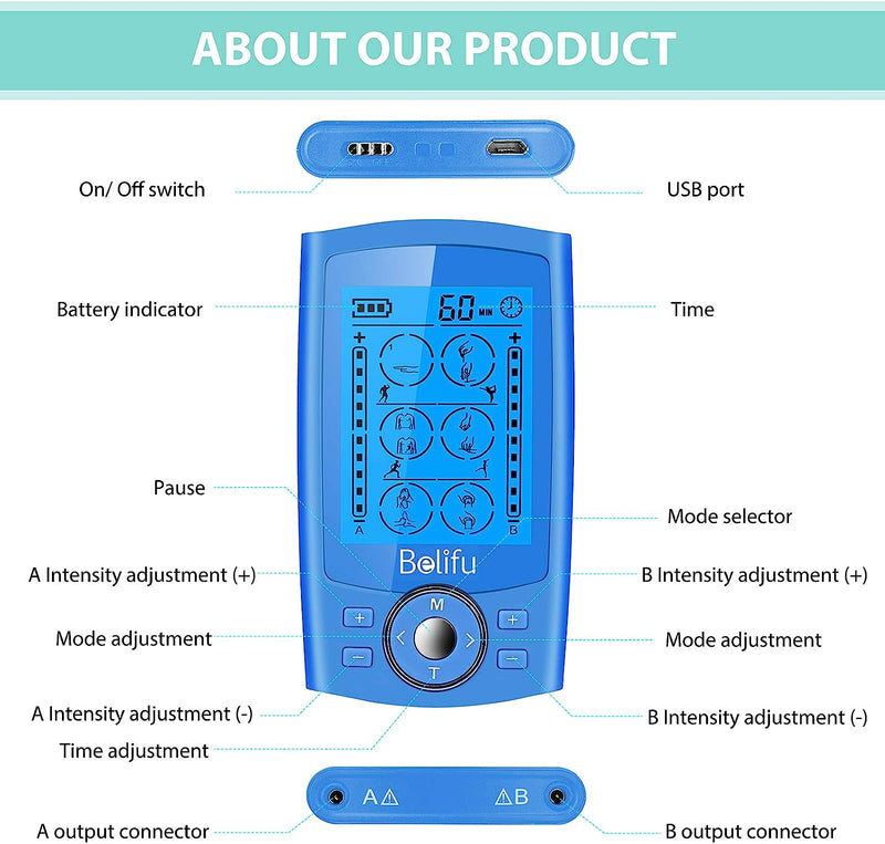 Dual Channel TENS EMS Unit 24 Modes Muscle Stimulator for Pain Relief Therapy, Electronic Pulse Massager Muscle Massager with 10 Pads, Dust-Proof Drawstring Storage Bag,Fastening Cable Ties,Blue