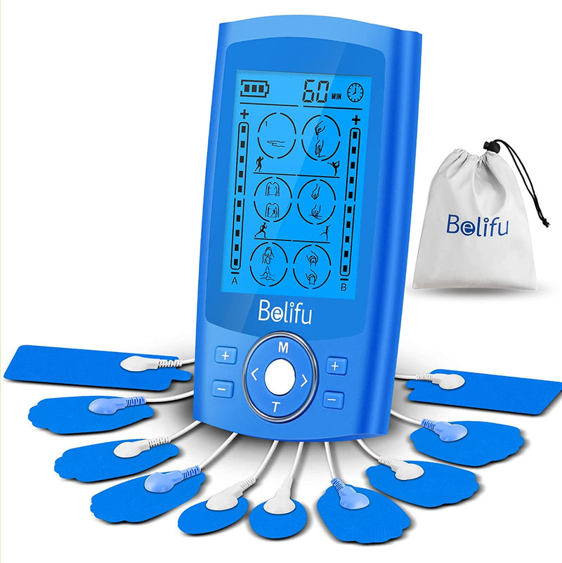 Dual Channel TENS EMS Unit 24 Modes Muscle Stimulator for Pain Relief Therapy, Electronic Pulse Massager Muscle Massager with 10 Pads, Dust-Proof Drawstring Storage Bag,Fastening Cable Ties,Blue