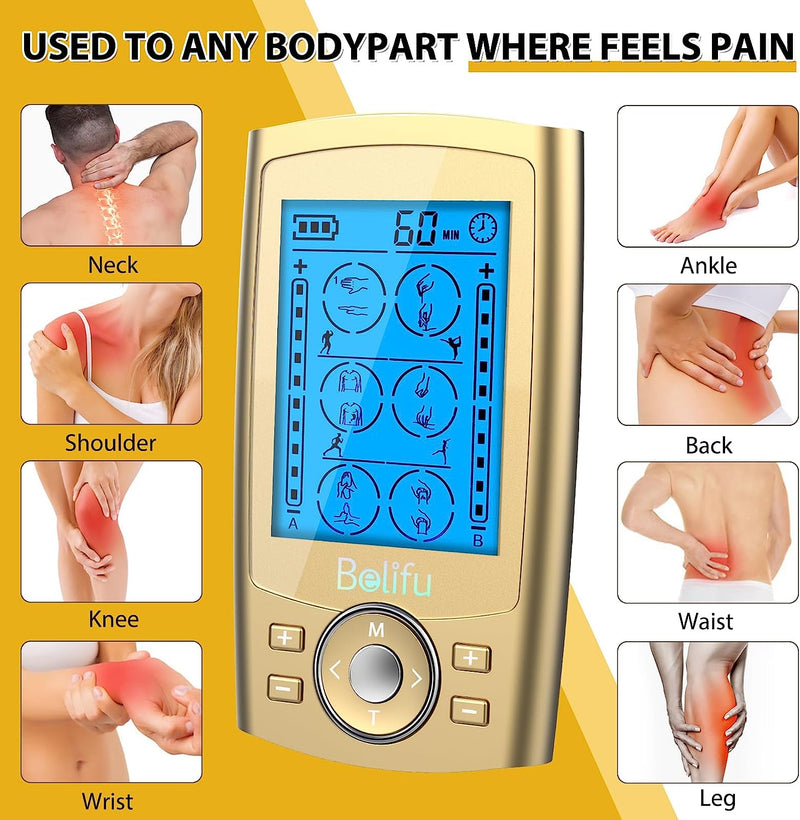 Dual Channel TENS EMS Unit 24 Modes Muscle Stimulator for Pain Relief Therapy, Electronic Pulse Massager Muscle Massager with 10 Pads, Dust-Proof Drawstring Storage Bag,Fastening Cable Ties,Gold