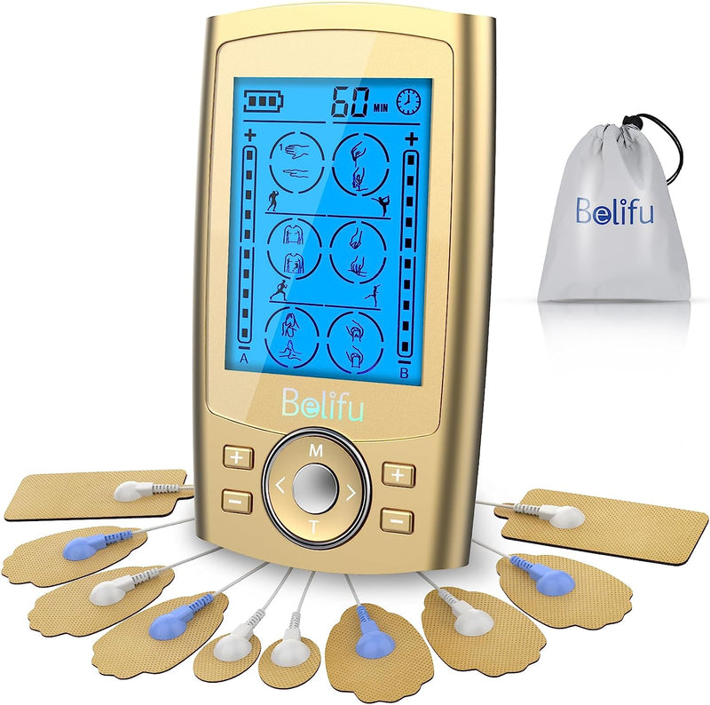 Dual Channel TENS EMS Unit 24 Modes Muscle Stimulator for Pain Relief Therapy, Electronic Pulse Massager Muscle Massager with 10 Pads, Dust-Proof Drawstring Storage Bag,Fastening Cable Ties,Gold