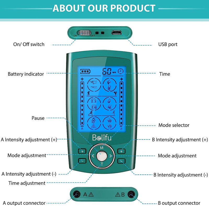 Channel TENS EMS Unit 24 Modes Muscle Stimulator for Pain Relief Therapy, Electronic Pulse Massager Muscle Massager with 10 Pads, Fastening Cable Ties(Green)