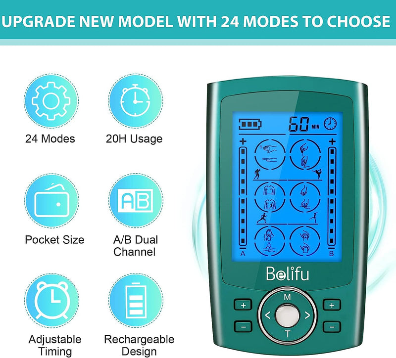 Channel TENS EMS Unit 24 Modes Muscle Stimulator for Pain Relief Therapy, Electronic Pulse Massager Muscle Massager with 10 Pads, Fastening Cable Ties(Green)