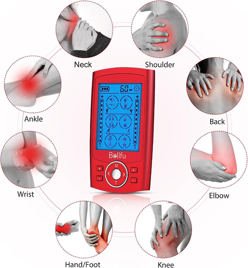 Channel TENS EMS Unit 24 Modes Muscle Stimulator for Pain Relief Therapy, Electronic Pulse Massager Muscle Massager with 10 Pads, Fastening Cable Ties(Red)