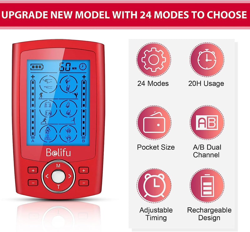Channel TENS EMS Unit 24 Modes Muscle Stimulator for Pain Relief Therapy, Electronic Pulse Massager Muscle Massager with 10 Pads, Fastening Cable Ties(Red)