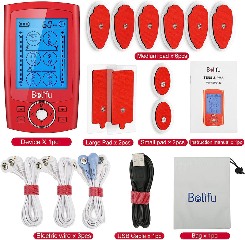 Channel TENS EMS Unit 24 Modes Muscle Stimulator for Pain Relief Therapy, Electronic Pulse Massager Muscle Massager with 10 Pads, Fastening Cable Ties(Red)