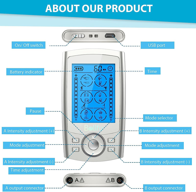 Channel TENS EMS Unit 24 Modes Muscle Stimulator for Pain Relief Therapy, Electronic Pulse Massager Muscle Massager with 10 Pads, Fastening Cable Ties(Silver)