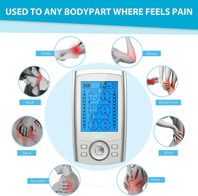 Channel TENS EMS Unit 24 Modes Muscle Stimulator for Pain Relief Therapy, Electronic Pulse Massager Muscle Massager with 10 Pads, Fastening Cable Ties(Silver)