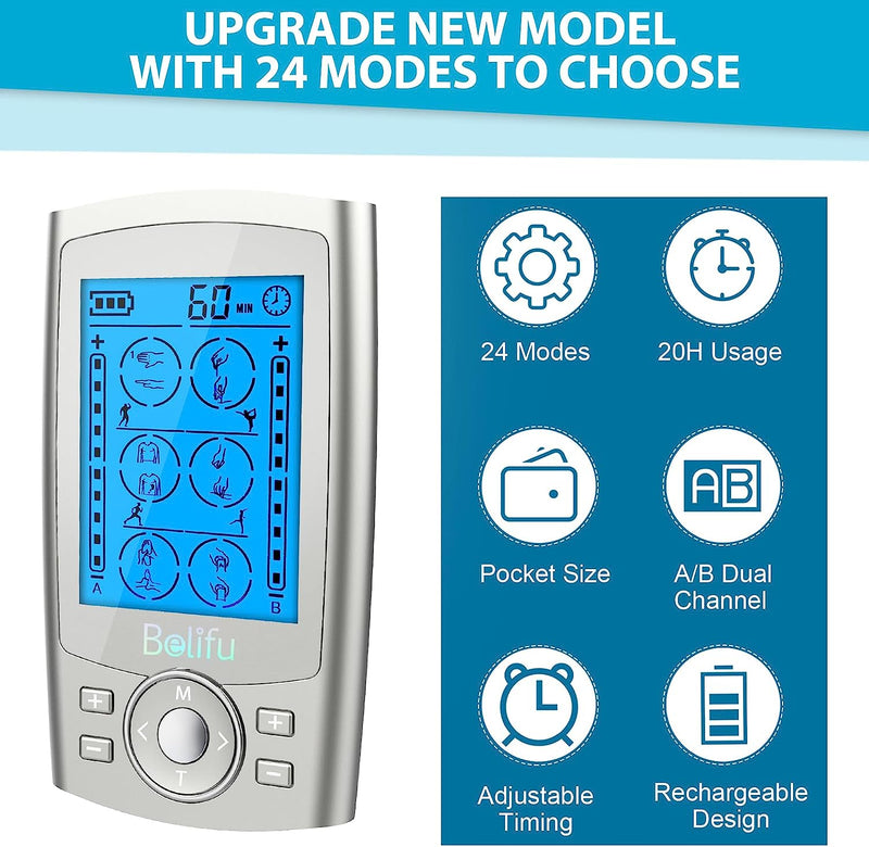 Channel TENS EMS Unit 24 Modes Muscle Stimulator for Pain Relief Therapy, Electronic Pulse Massager Muscle Massager with 10 Pads, Fastening Cable Ties(Silver)