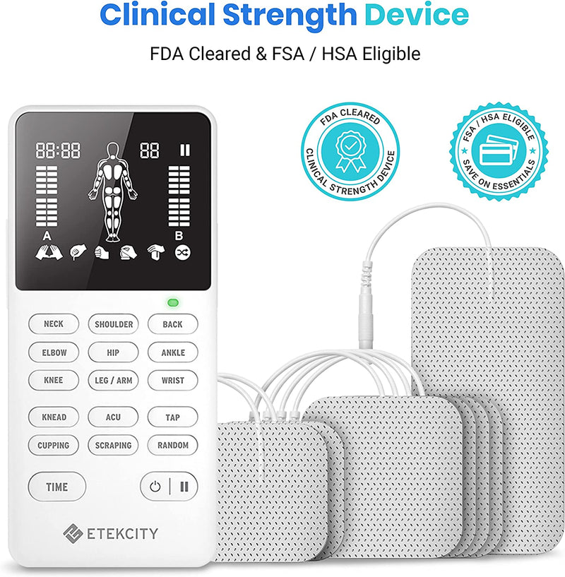 TENS Unit Muscle Stimulator Machine with Replacement Pads for Pain Relief Multi-Modes, FSA HSA Approved Products, FDA Cleared 4 Channels Rechargeable Electric Pulse Massager