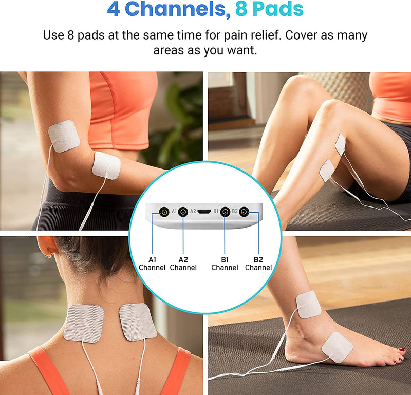 TENS Unit Muscle Stimulator Machine with Replacement Pads for Pain Relief Multi-Modes, FSA HSA Approved Products, FDA Cleared 4 Channels Rechargeable Electric Pulse Massager