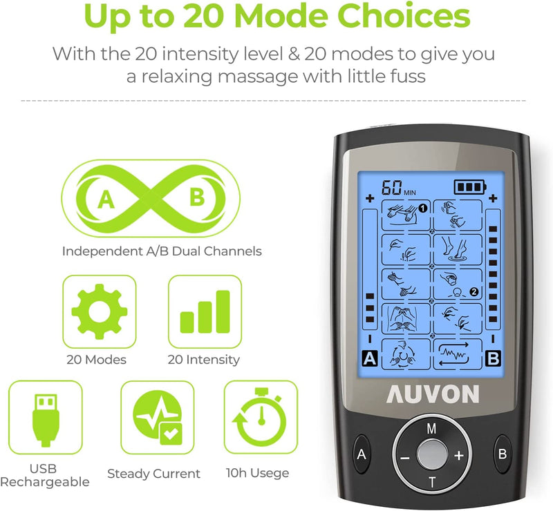 Dual Channel TENS Unit Muscle Stimulator with 20 Modes, Rechargeable TENS Machine for Back/Neck/Lower Back/Leg/Muscle Pain Relief, with 4pcs 2" and 4pcs 2"x4" Electrode Pads (Black)