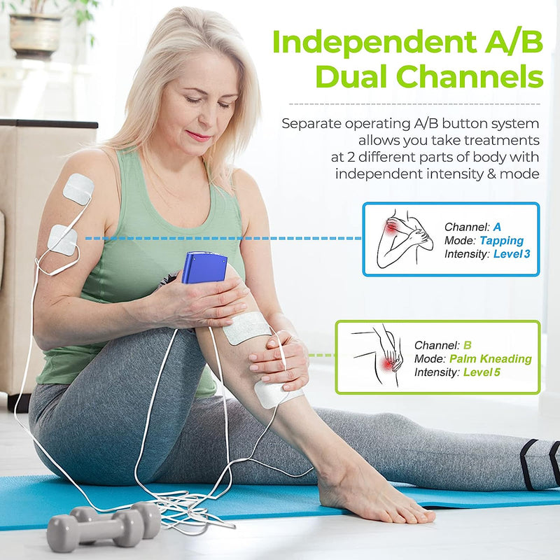 Dual Channel TENS Unit Muscle Stimulator with 20 Modes, Rechargeable TENS Machine for Back/Neck/Lower Back/Leg/Muscle Pain Relief, with 4pcs 2" and 4pcs 2"x4" Electrode Pads (Blue)