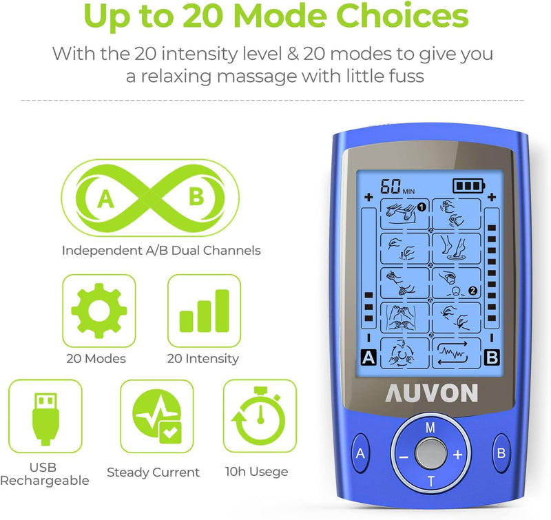 Dual Channel TENS Unit Muscle Stimulator with 20 Modes, Rechargeable TENS Machine for Back/Neck/Lower Back/Leg/Muscle Pain Relief, with 4pcs 2" and 4pcs 2"x4" Electrode Pads (Blue)
