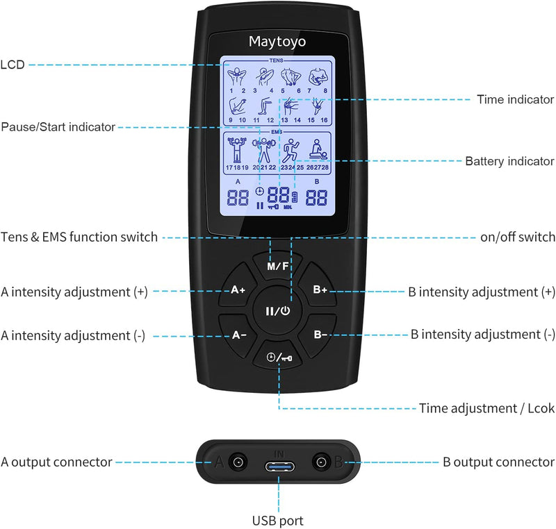 TENS EMS Unit 28 Mode 40 Intensity Muscle Stimulator for Pain Relief Therapy, Dual Channel Rechargeable TENS Machine