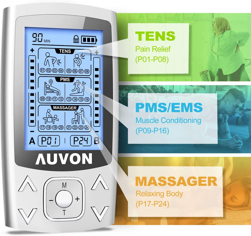 Dual Channel TENS EMS Unit 24 Modes Muscle Stimulator for Pain Relief, Rechargeable TENS Machine Massager with 12 Pads, ABS Pads Holder, USB Cable and Dust-Proof Storage Bag