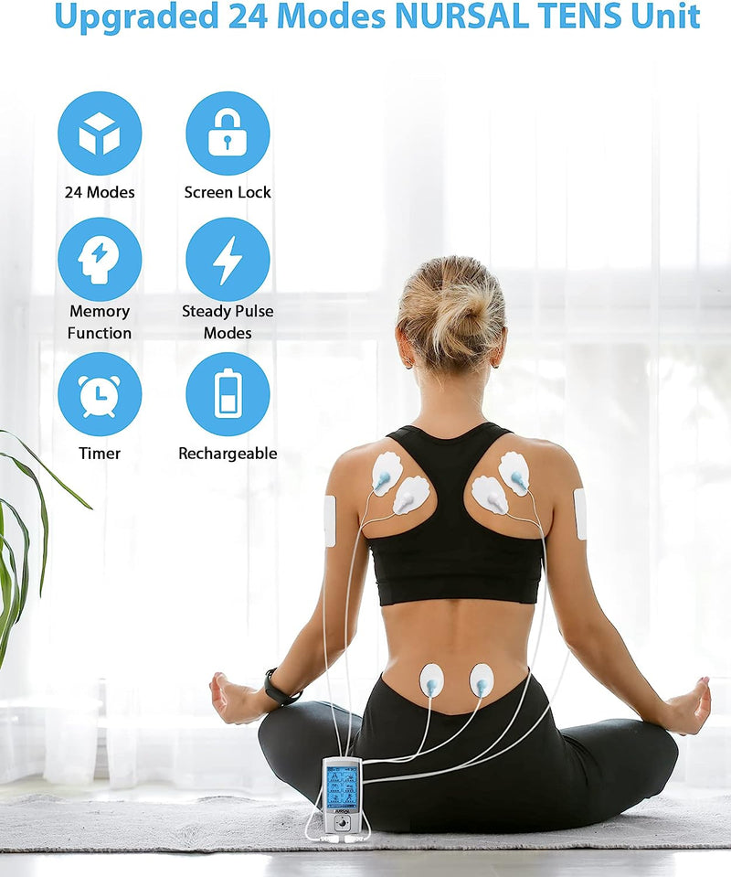 24 Modes TENS Unit Muscle Stimulator with Continuous Stimulation, Rechargeable Electronic Pulse Massager with 8 Pads for Back and Shoulder Pain Relief and Muscle Strength
