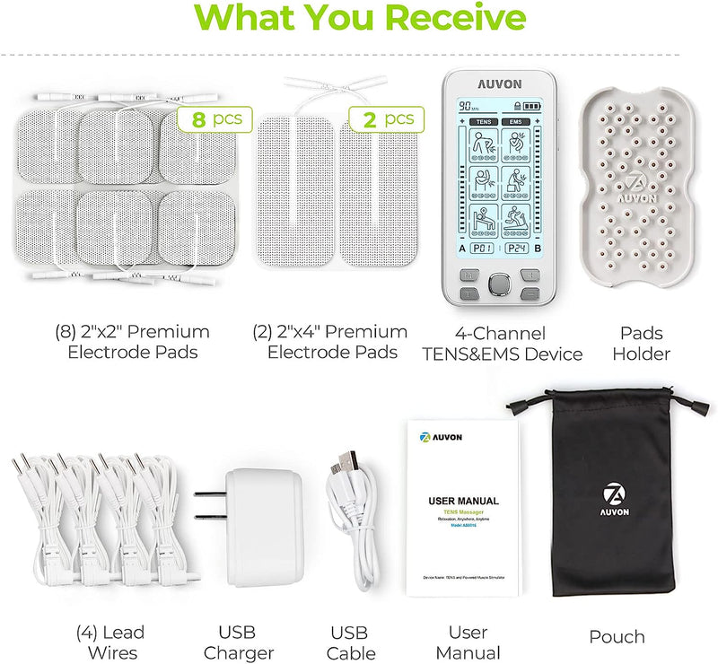 4 Outputs TENS Unit EMS Muscle Stimulator Machine for Pain Relief Therapy with 24 Modes Electric Pulse Massager, 2" and 2"x4" Electrodes Pads (White)