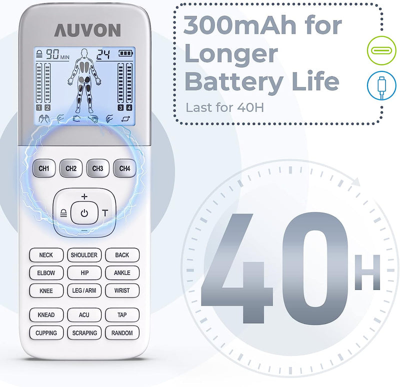 4 Outputs H1 TENS Unit 24 Modes Muscle Stimulator for Pain Relief, Rechargeable TENS EMS Machine with Easy-to-Select Button Design, 2X Battery Life, Dust-Proof Bag and 8 Electrode Pads
