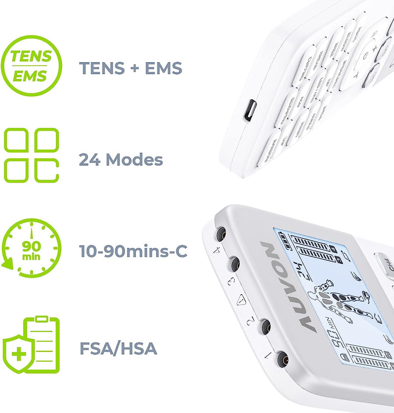 4 Outputs H1 TENS Unit 24 Modes Muscle Stimulator for Pain Relief, Rechargeable TENS EMS Machine with Easy-to-Select Button Design, 2X Battery Life, Dust-Proof Bag and 8 Electrode Pads