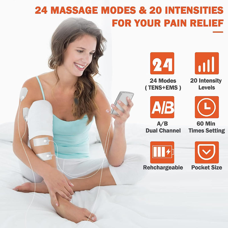 TENS Unit Muscle Stimulator Electric Shock Therapy for Muscles Dual Channel TENS EMS Unit Electronic Pulse Massager with 24 Modes Physical Therapy Equipment for Back Pain Relief Silver