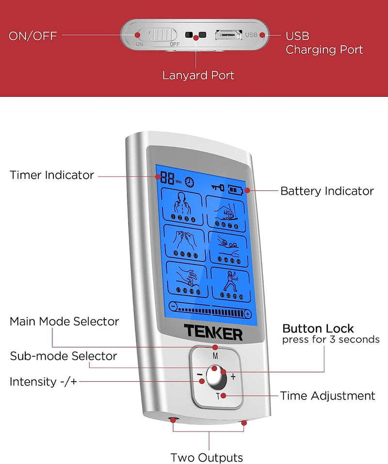 TENS EMS Unit Muscle Stimulator, 24 Modes TENS Machine for Pain Relief & Muscle Strength Rechargeable Electronic Pulse Massager with 2"x2" and 2"x4" TENS Unit Electrode Pads