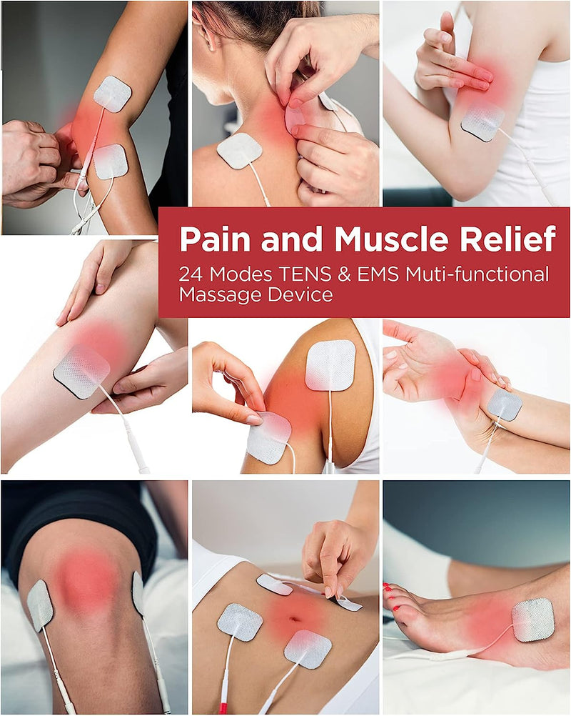 TENS EMS Unit Muscle Stimulator, 24 Modes TENS Machine for Pain Relief & Muscle Strength Rechargeable Electronic Pulse Massager with 2"x2" and 2"x4" TENS Unit Electrode Pads