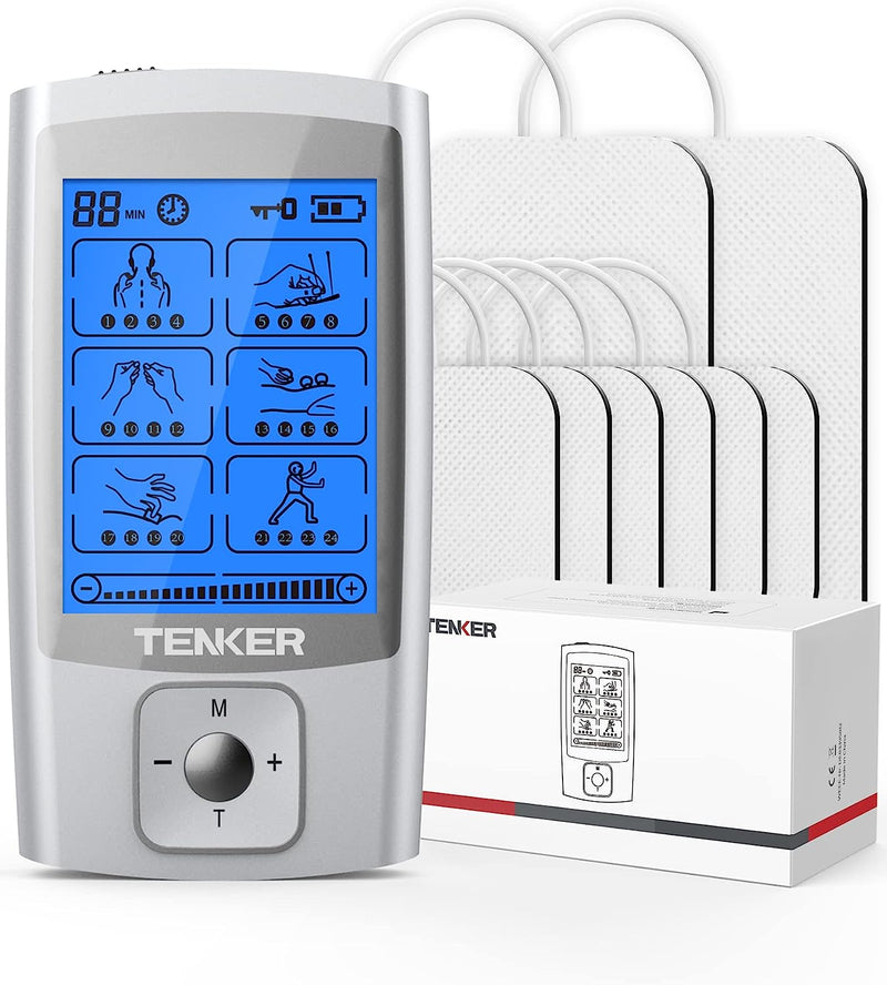 TENS EMS Unit Muscle Stimulator, 24 Modes TENS Machine for Pain Relief & Muscle Strength Rechargeable Electronic Pulse Massager with 2"x2" and 2"x4" TENS Unit Electrode Pads