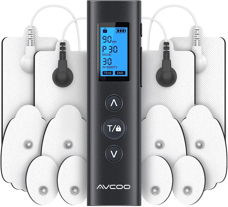 30 Modes TENS EMS Unit Compact Muscle Stimulator for Pain Relief, Rechargeable & Portable Dual Channel EMS Muscle Stimulator with 30 Intensity Levels and 12 Electrode Tens Unit Replacement Pads