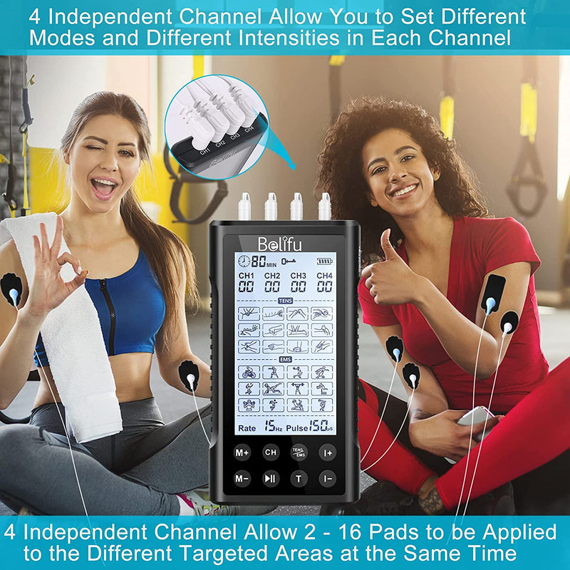 4 Independent Channel TENS EMS Unit, 24 Modes,30 Level Intensity Muscle Stimulator Machine, Rechargeable Electric Pulse Massager with 10 Pads&5 Set Leads Wires, for Pain Relief Therapy(Black)