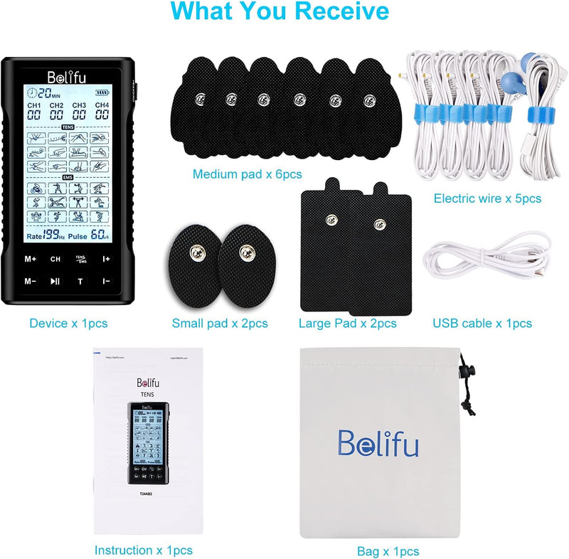 4 Independent Channel TENS EMS Unit, 24 Modes,30 Level Intensity Muscle Stimulator Machine, Rechargeable Electric Pulse Massager with 10 Pads&5 Set Leads Wires, for Pain Relief Therapy(Black)