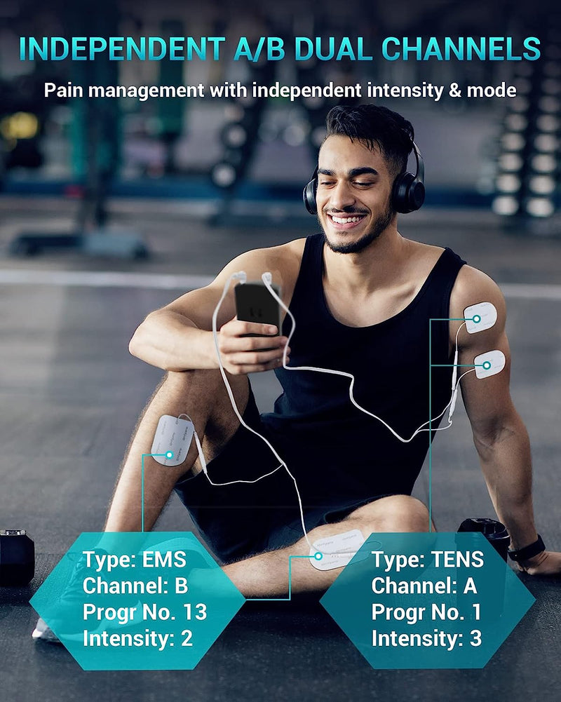 TENS Unit Muscle Stimulator for Pain Relief Therapy, TENS Machine with 24 Modes and DIY, Dual Channel EMS Unit, Pulse Muscle Massager for Back, Shoulder, Sciatica, Knee, 10 Electrode Pads Black-2 Channel
