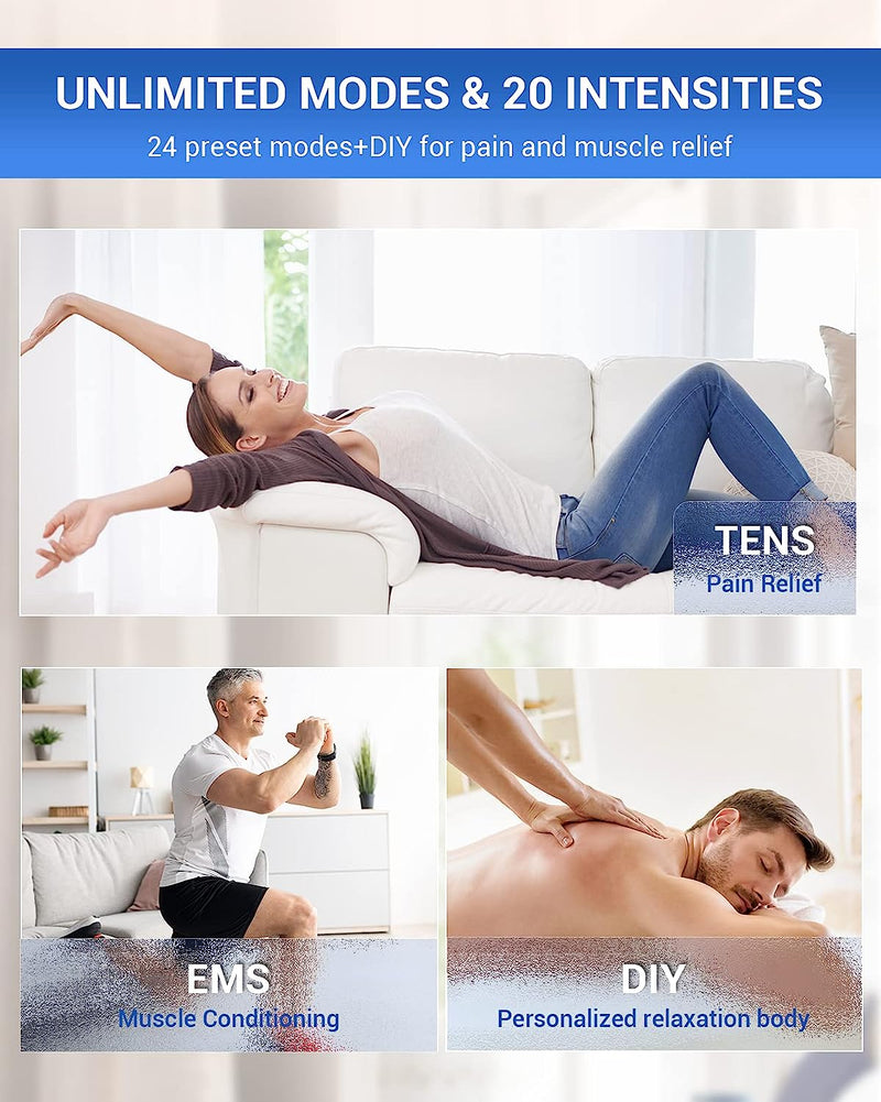 4 Outputs TENS Unit Muscle Stimulator for Pain Relief, Unlimited Mode (24 Modes with DIY) EMS TENS Stim Machine Back Pain Relief Products for Neck, Sciatica, Shoulder, Shock Therapy, 10 Pads Black-4 Channel