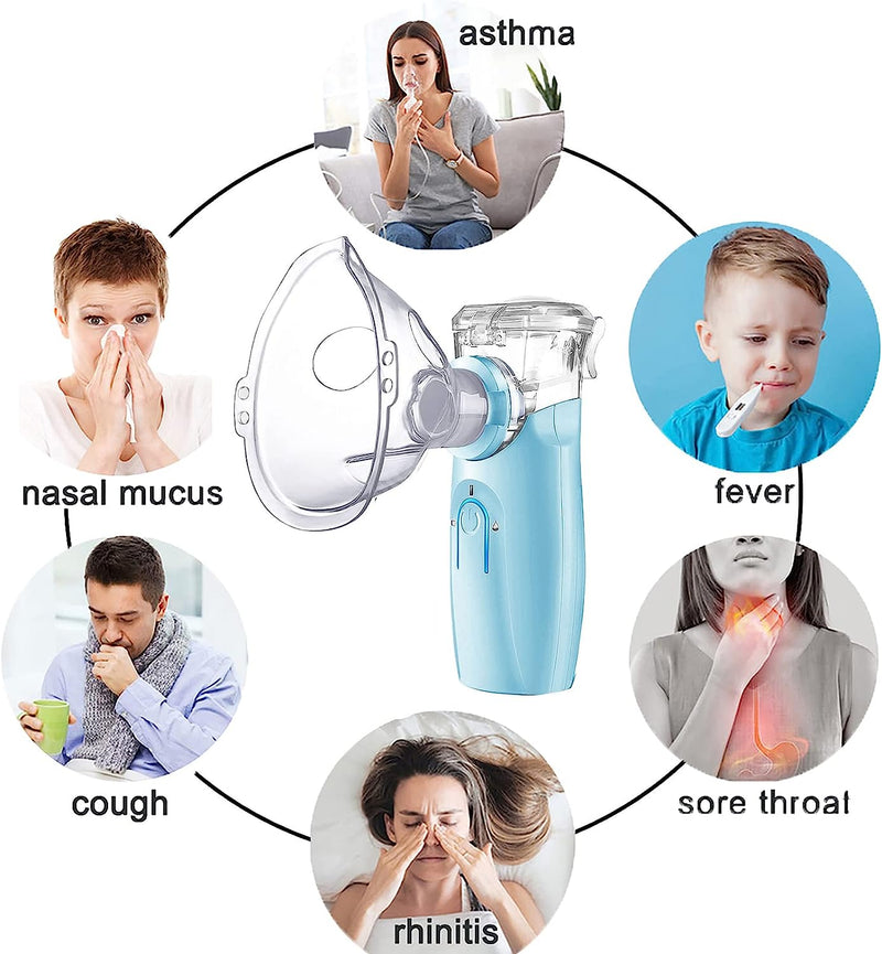 Portable Mesh Nebulizer, Portable Nebulizers Cool Mist Steam Inhaler for Moisture, USB/Battery Operated Nebulizer Machine for Home Office Travel Use (Blue)