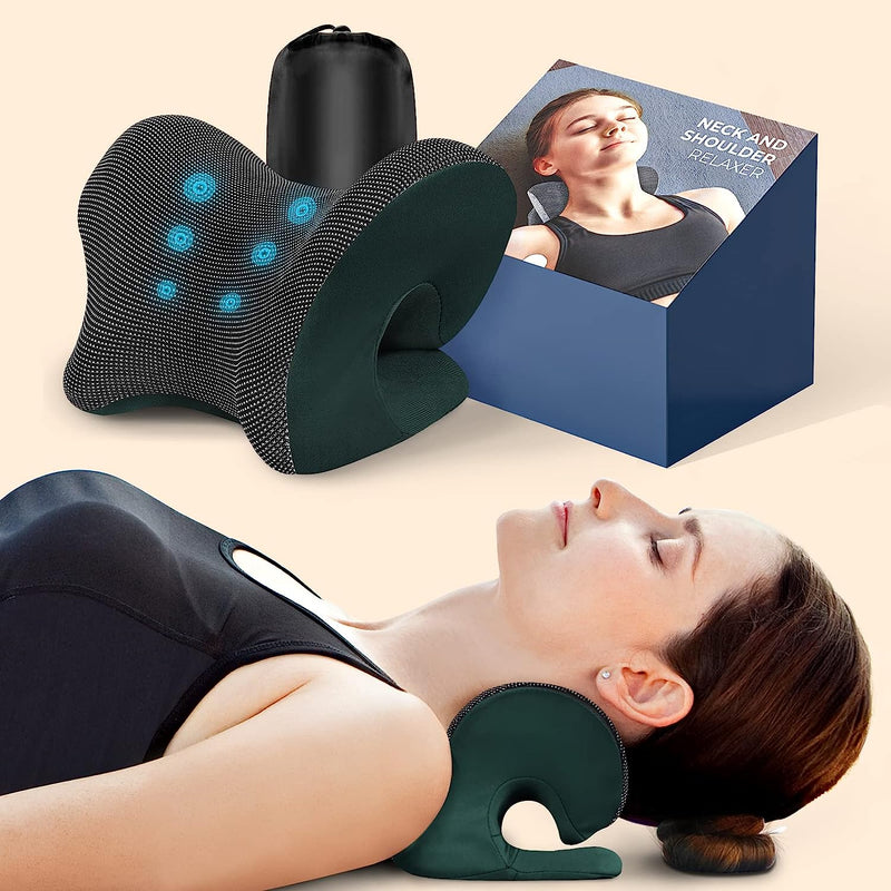 Neck and Shoulder Relaxer with Magnetic Therapy Pillowcase, Neck Stretcher Chiropractic Pillows for Pain Relief, Cervical Traction Device for Relieve TMJ Headache Muscle Tension Spine Alignment Dark Green