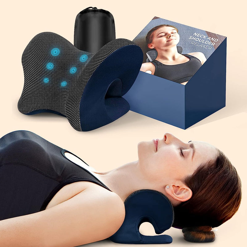 Neck and Shoulder Relaxer with Magnetic Therapy Pillowcase, Neck Stretcher Chiropractic Pillows for Pain Relief, Cervical Traction Device for Relieve TMJ Headache Muscle Tension Spine Alignment Navy Blue