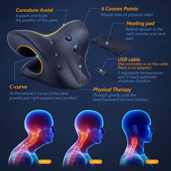 Neck Stretcher for Pain Relief with Heated Cervical Traction Pillow (Dark Blue)