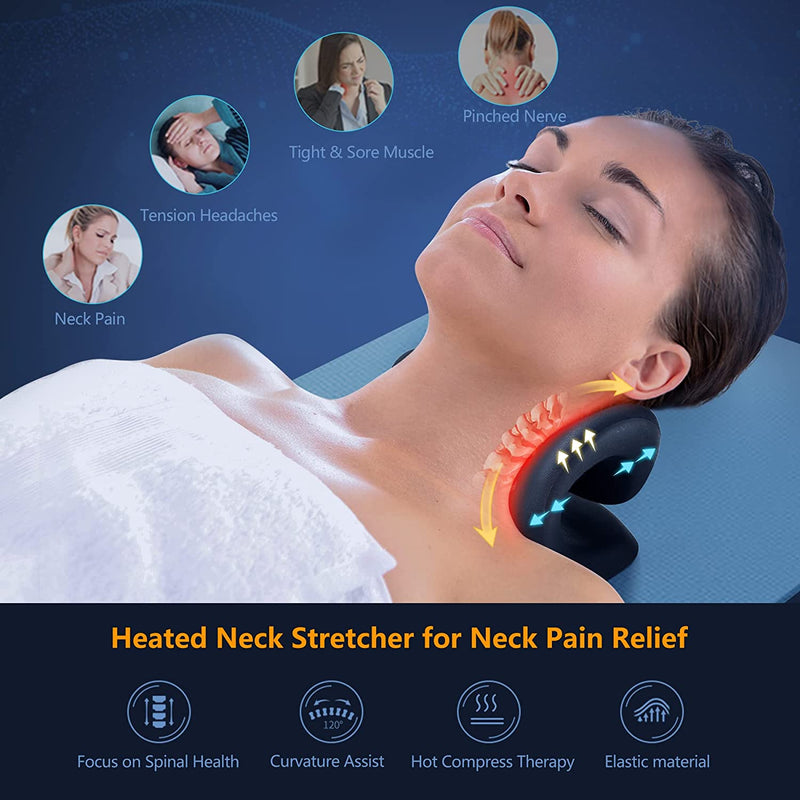 Neck Stretcher for Pain Relief with Heated Cervical Traction Pillow (Dark Blue)