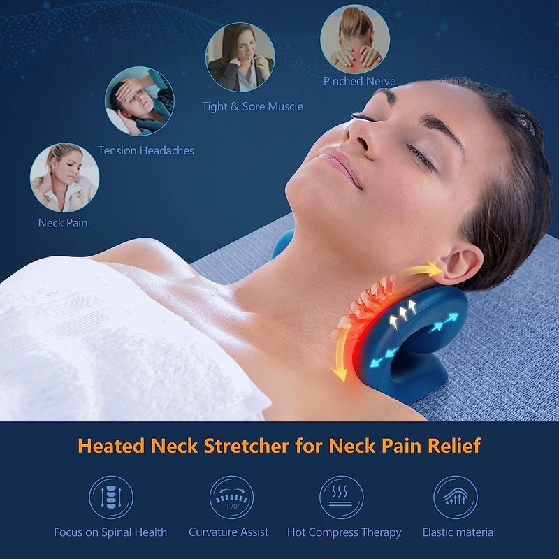 Neck Stretcher for Neck Pain Relief, Heated Cervical Traction Device Pillow with Graphene Heating Pad, Neck and Shoulder Relaxer for TMJ Pain Relief and Cervical Spine Alignment(Dark Blue)
