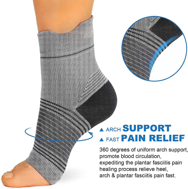 Fasciitis Sock (6 Pairs) for Men and Women, Compression Foot Sleeves with Arch and Ankle Support 6 Grey