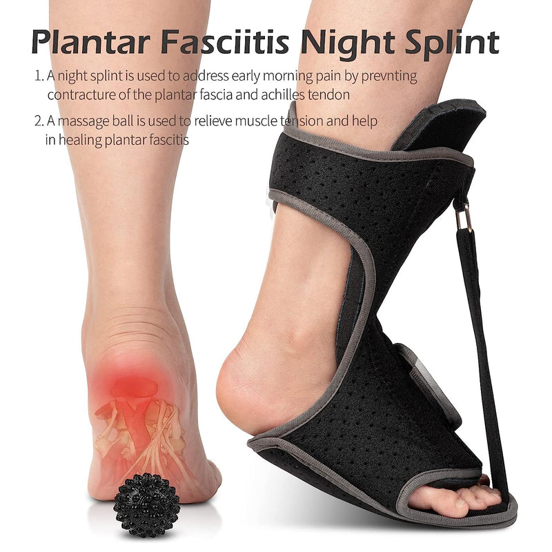 Plantar Fasciitis Night Splint: Foot Brace with Massage Ball | Effective for Foot Pain Relief  for Women Men Black