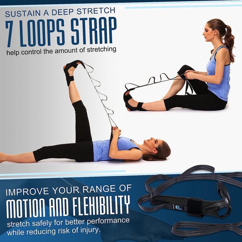 Foot and Calf Stretcher for Plantar Fasciitis, Achilles Tendonitis, Heel Spurs, Drop Foot. Yoga Stretching Strap for Leg, Black